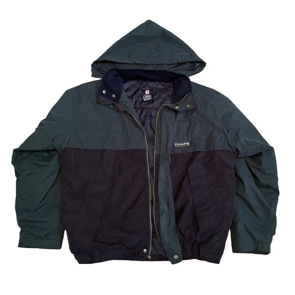 Chaps Ralph Lauren Mens Jacket M Green Navy Windbreaker Hooded Full Zip Logo Lon